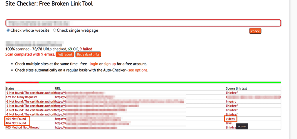 Dead Link Checker Scansione Completata Errore 404