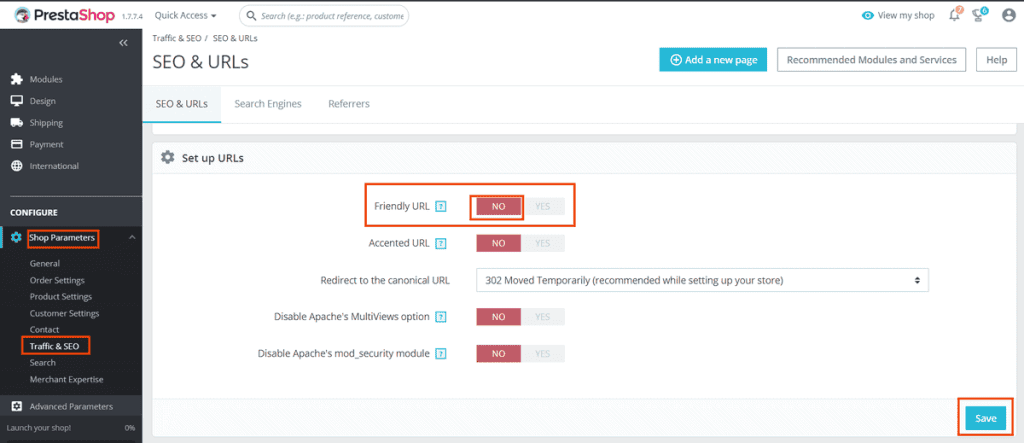 Prestashop Disabilita Friendly Url