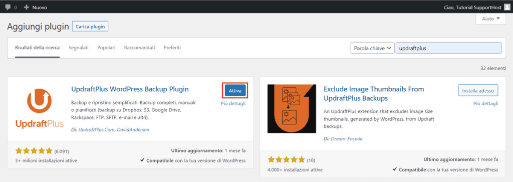Attivare Updraftplus