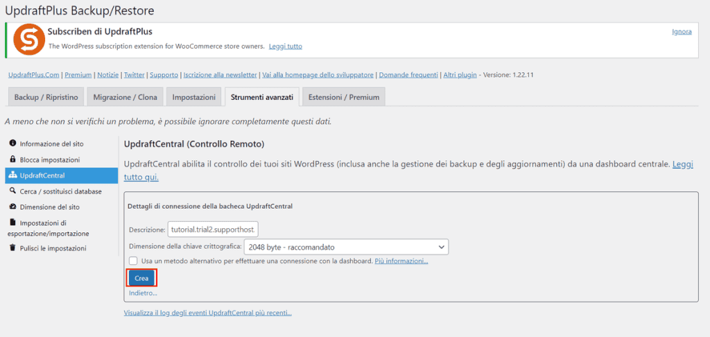 Updraftcentral Crea Chiave