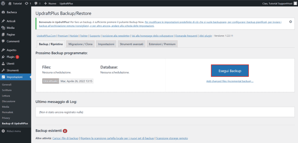 Updraftplus Esegui Backup