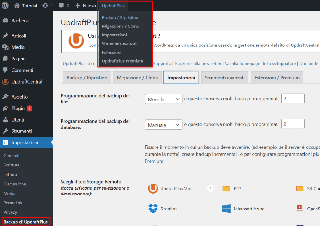 Updraftplus Menu Barra WordPress