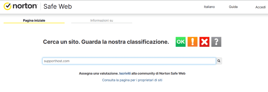 Norton Safe Web Scansione Sito