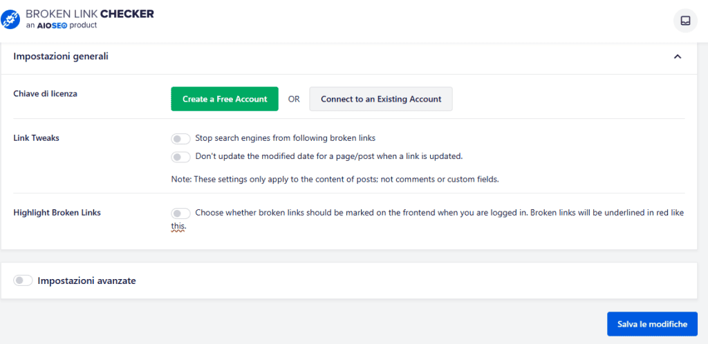Broken Link Checker Impostazioni Generali